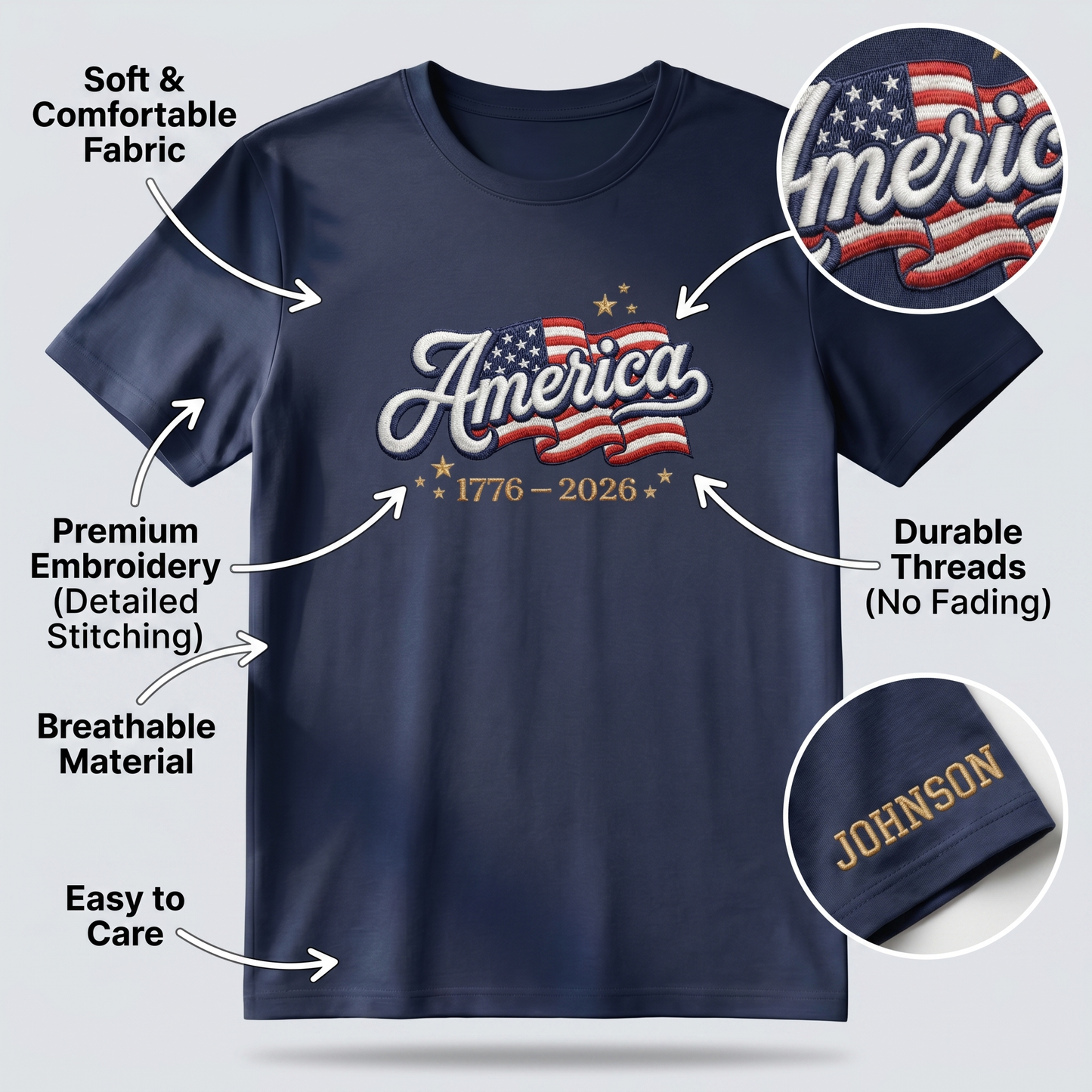 United States 250th Independence 1776–2026 Embroidered T-Shirt