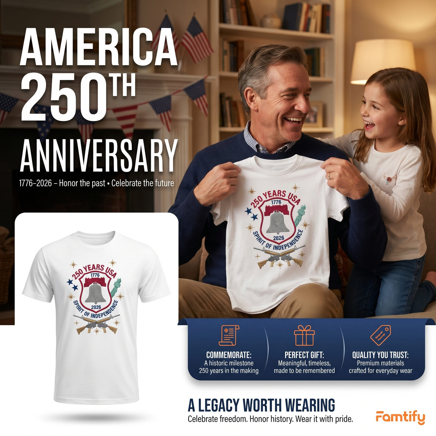 USA 250 Years of Freedom Embroidered T-Shirt - Classic Patriotic Gift