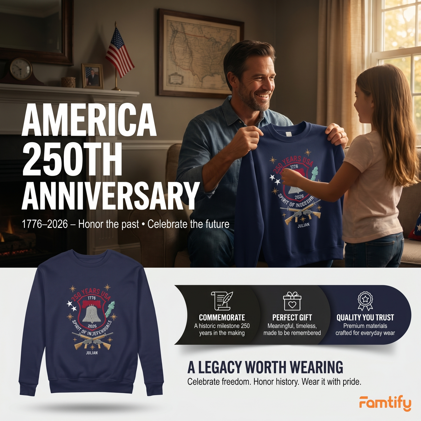 USA 250 Years Since 1776 Embroidered Sweatshirt - Classic Patriotic Celebration