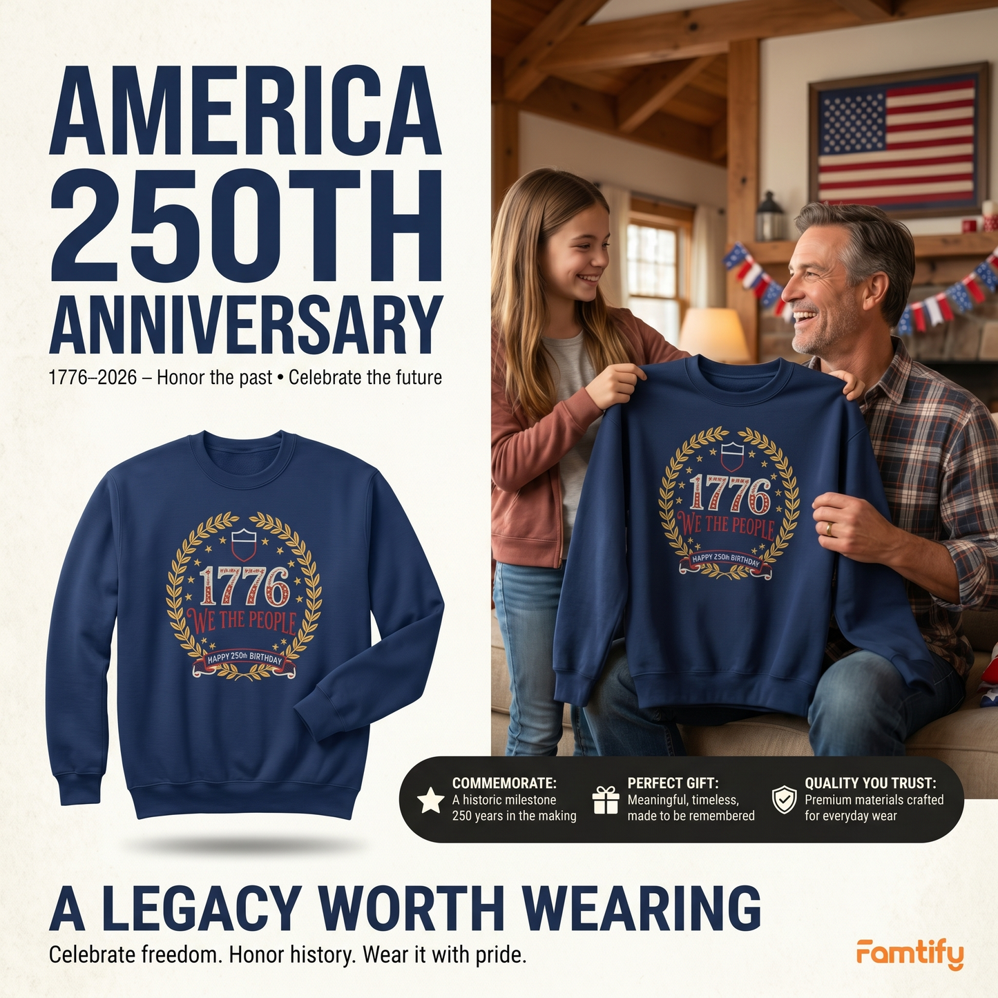 USA 250 Years Since 1776 Sweatshirt - Celebrate America Embroidered Crewneck