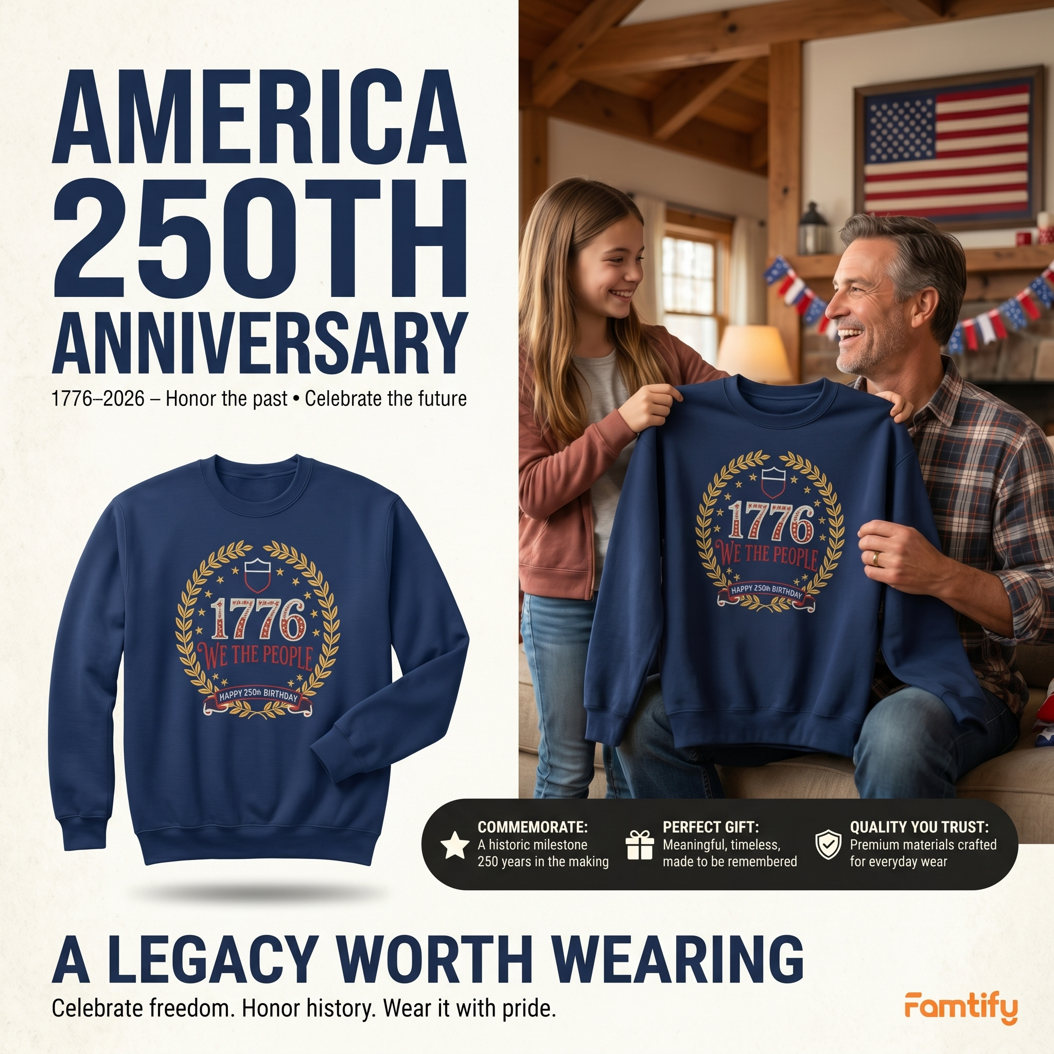 USA 250 Years Since 1776 Sweatshirt - Celebrate America Embroidered Crewneck