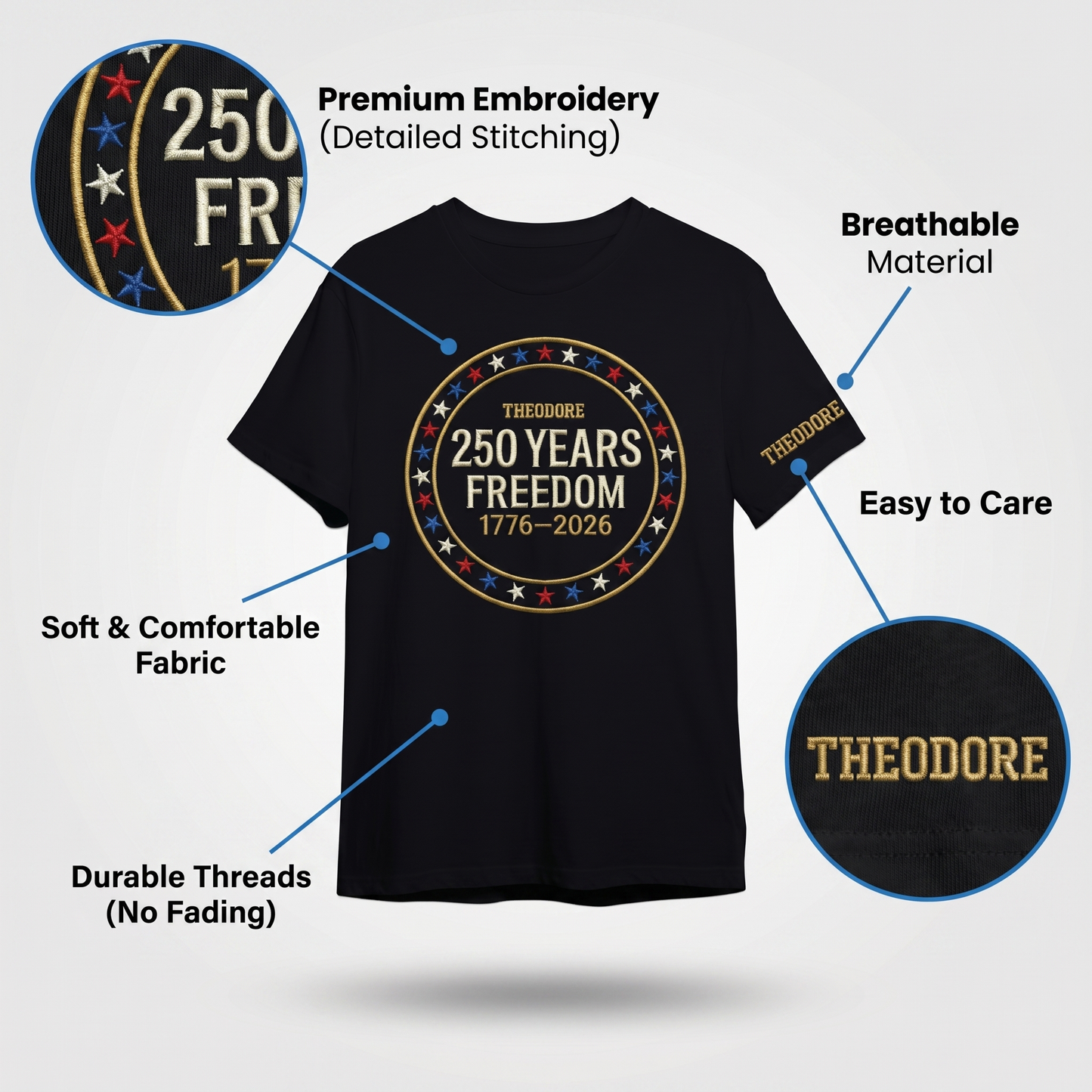 Custom Freedom 250 Years Embroidered T-Shirt - Circular Badge Patriotic USA Gift 1776–2026