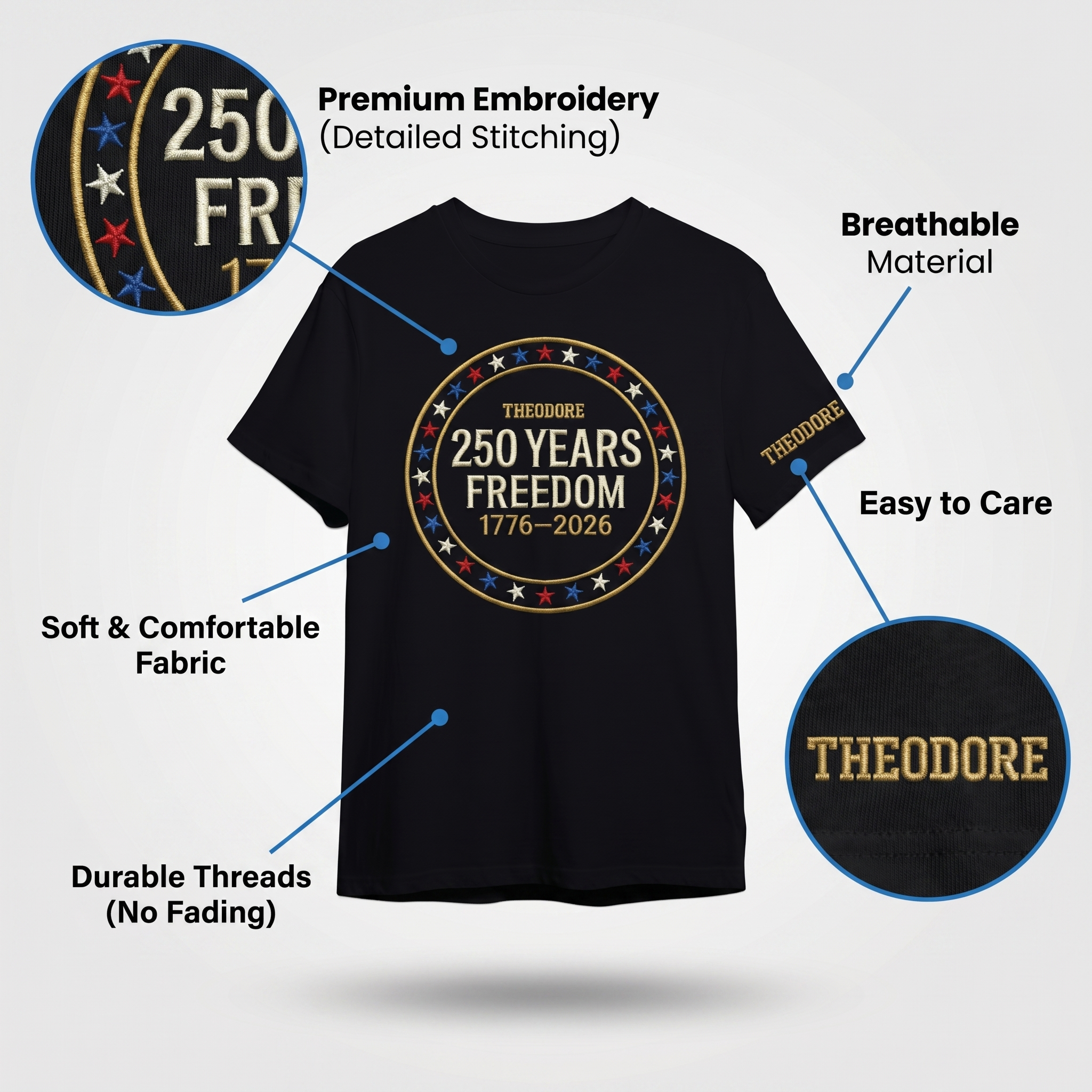 Custom Freedom 250 Years Embroidered T-Shirt - Circular Badge Patriotic USA Gift 1776–2026
