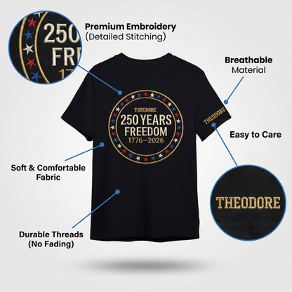 Custom Freedom 250 Years Embroidered T-Shirt - Circular Badge Patriotic USA Gift 1776–2026