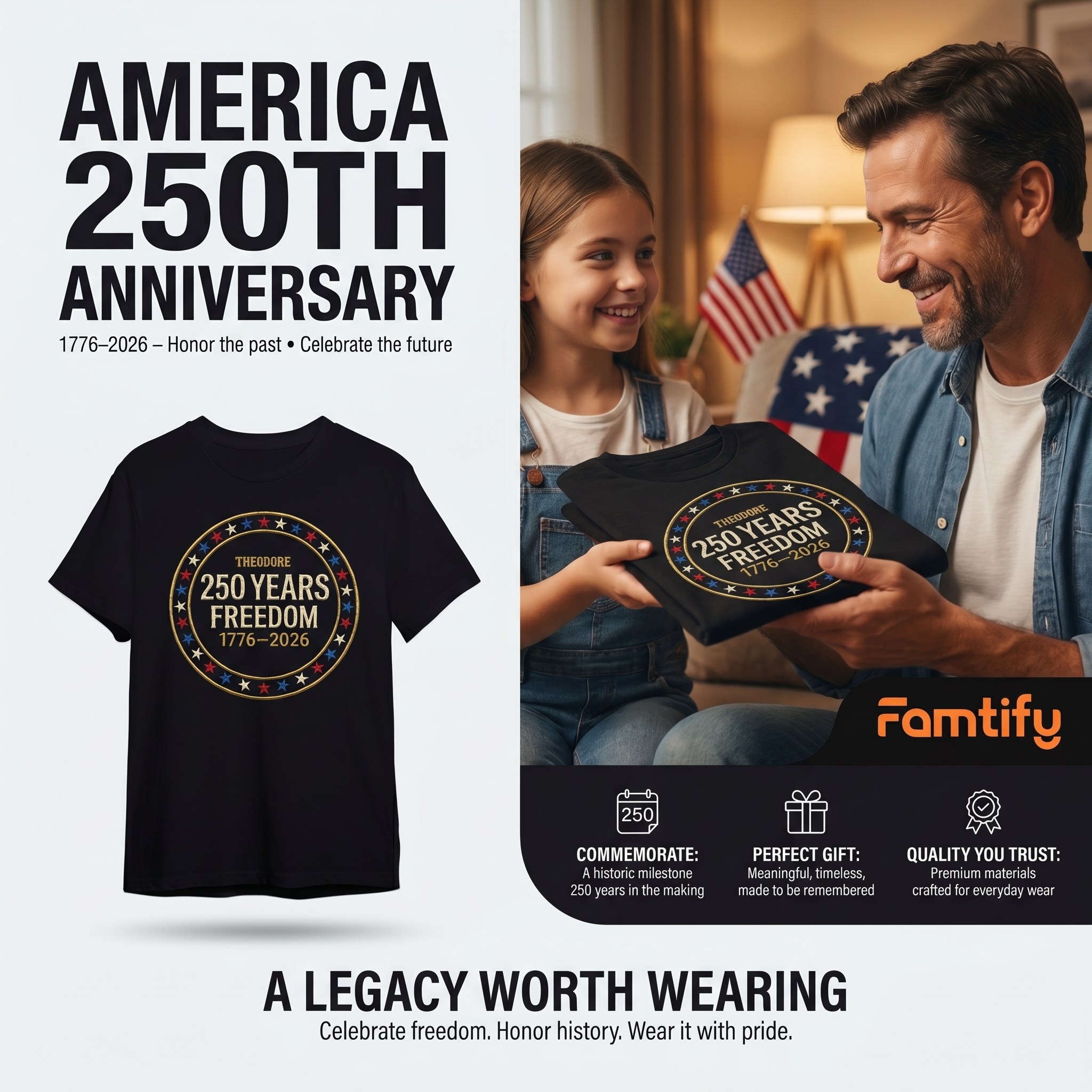 Custom Freedom 250 Years Embroidered T-Shirt - Circular Badge Patriotic USA Gift 1776–2026
