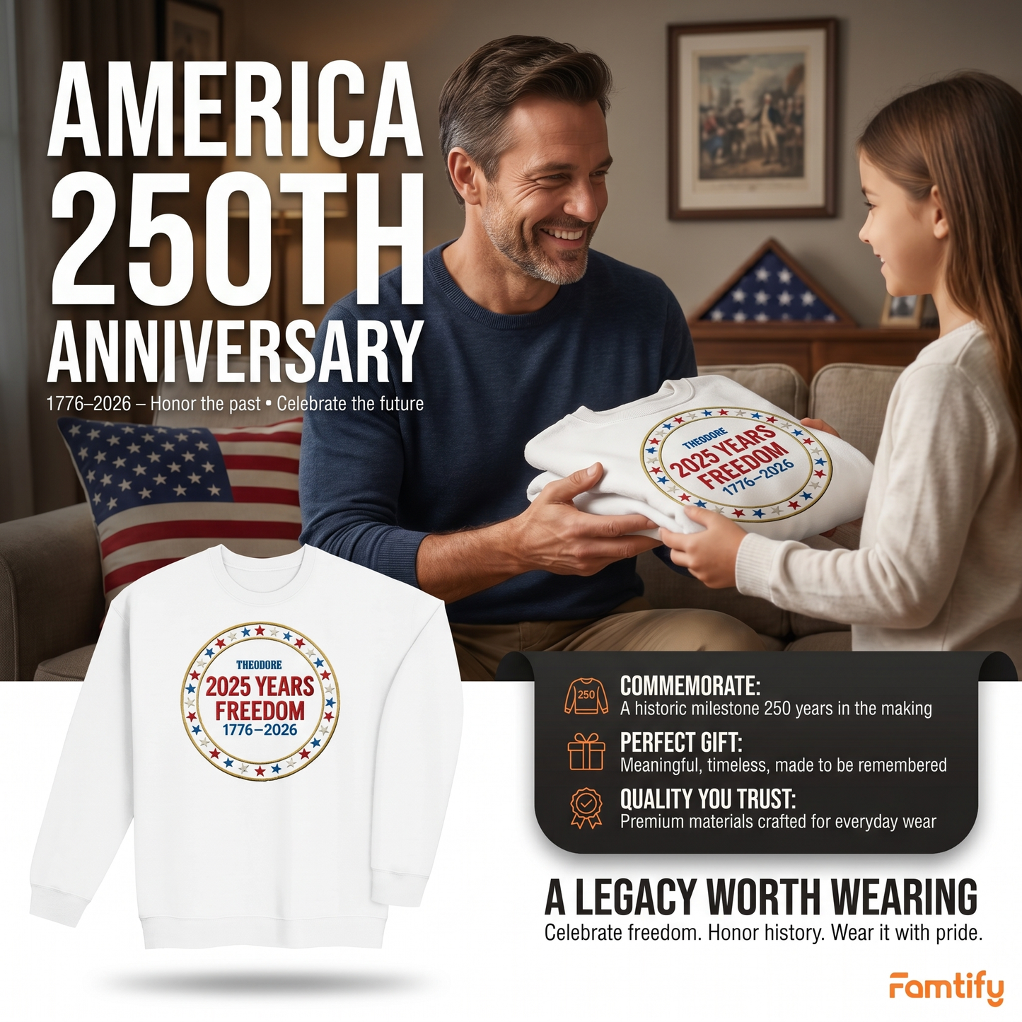 Custom Freedom 250 Years Embroidered Sweatshirt - Circular Badge Patriotic USA Gift 1776–2026