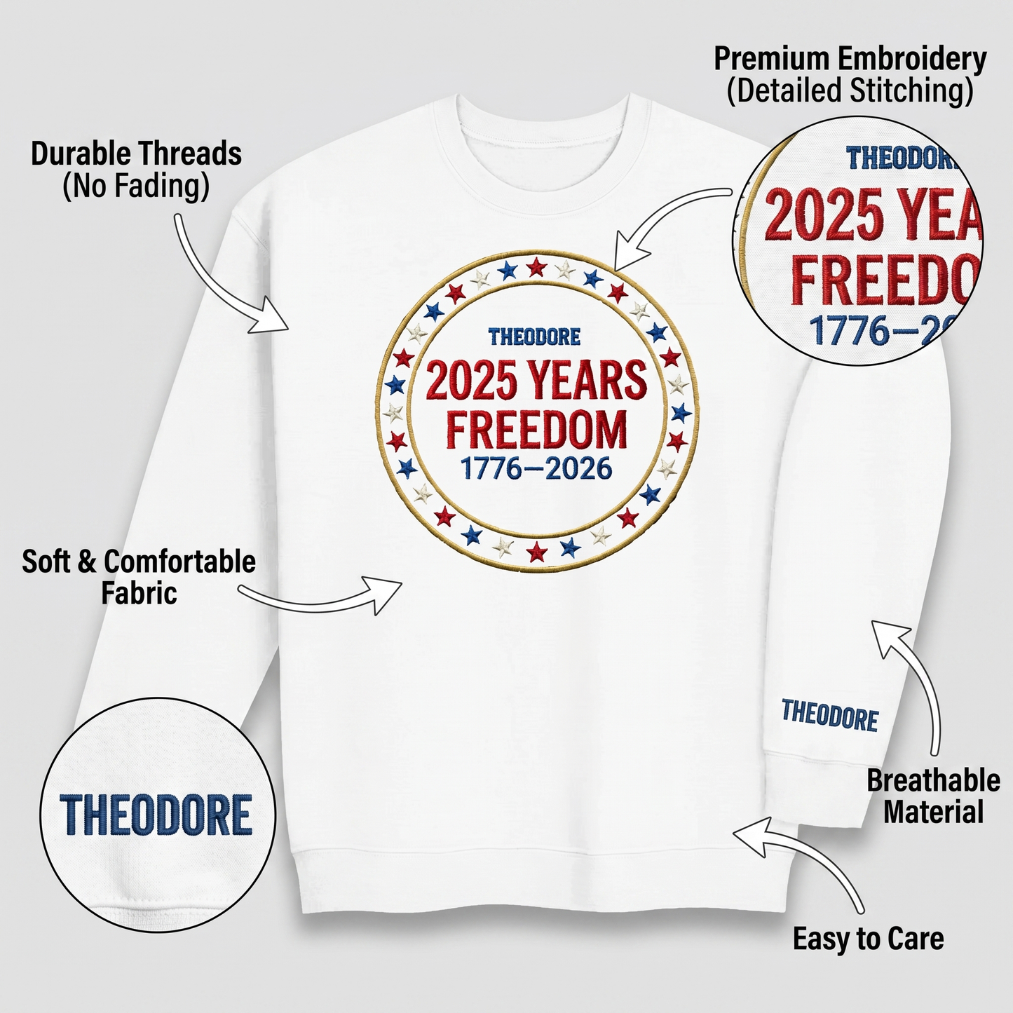 Custom Freedom 250 Years Embroidered Sweatshirt - Circular Badge Patriotic USA Gift 1776–2026
