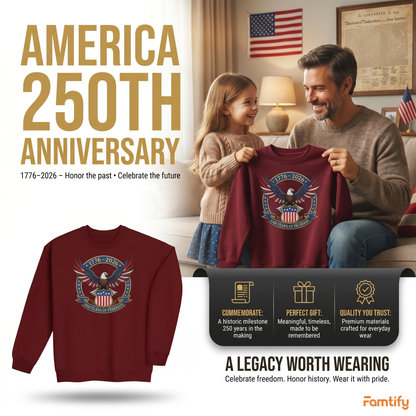 1776–2026 USA Flag Embroidered Sweatshirt - 250th Anniversary Patriotic Shirt