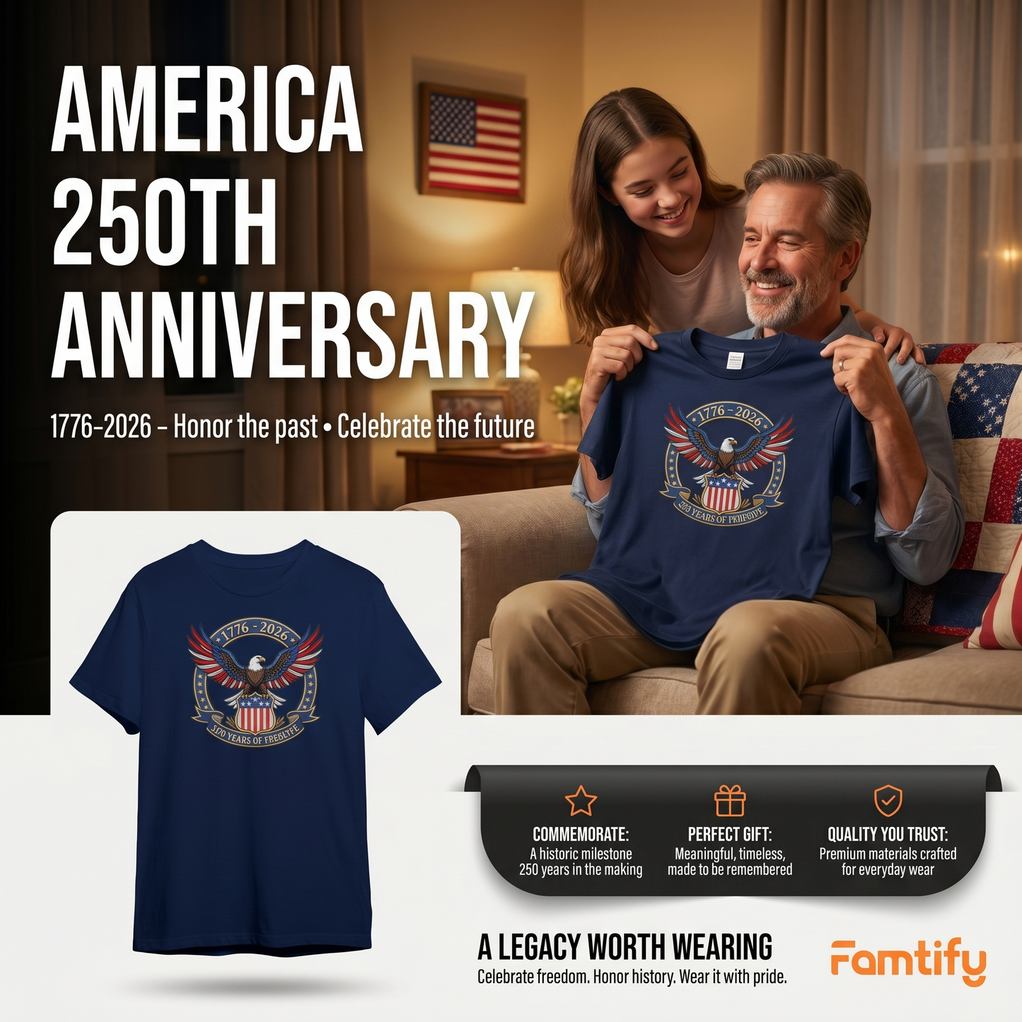 1776-2026 USA Flag Patriotic Embroidered T-Shirt - 250 Years Anniversary Shirt