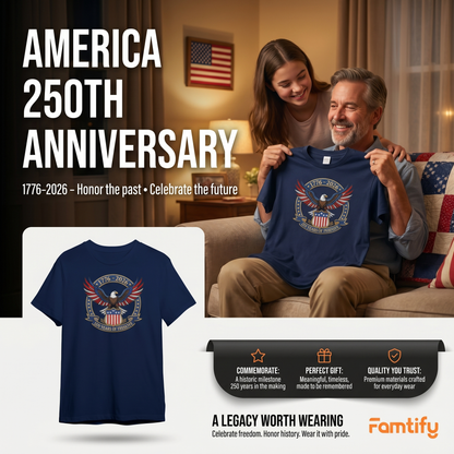 1776-2026 USA Flag Patriotic Embroidered T-Shirt - 250 Years Anniversary Shirt