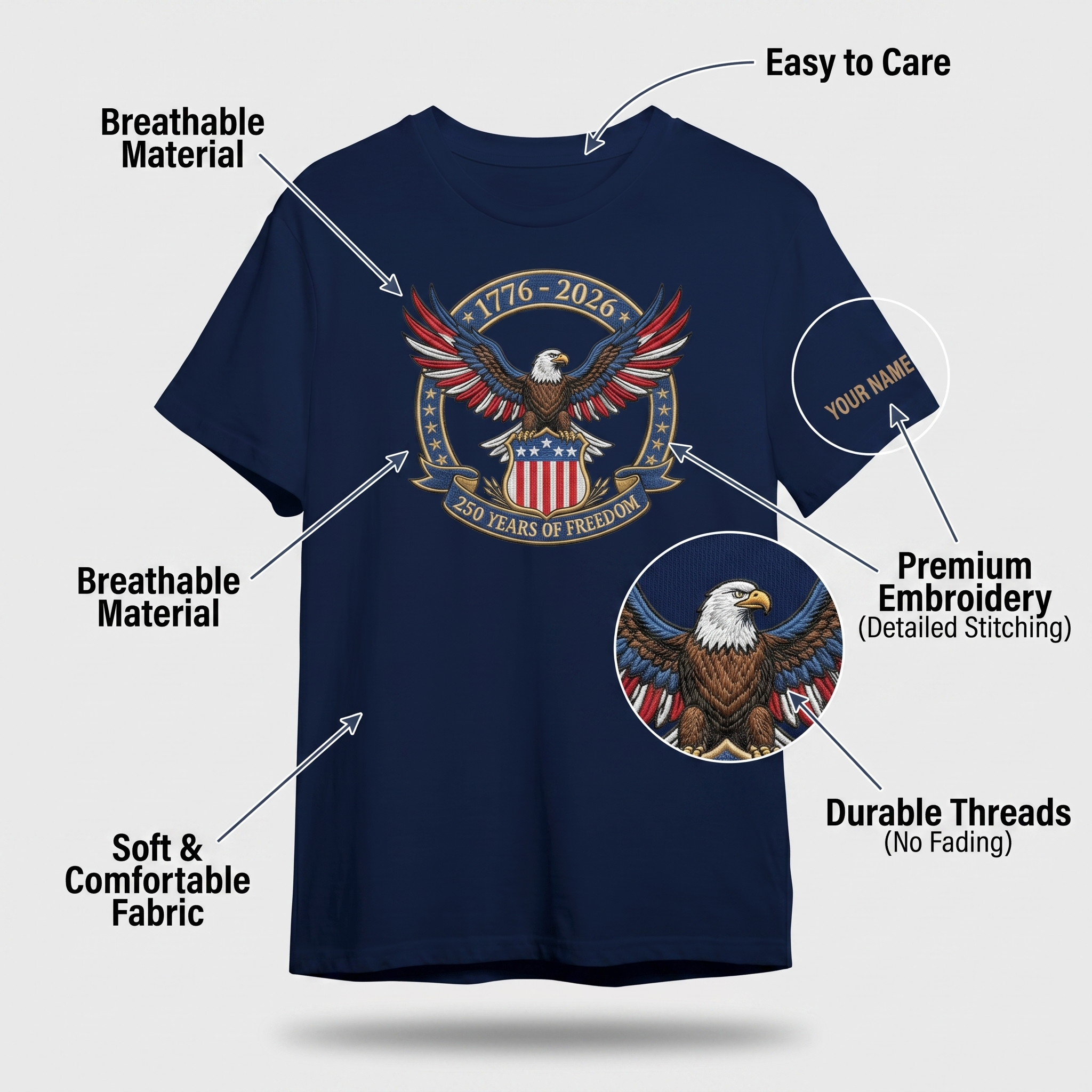 1776-2026 USA Flag Patriotic Embroidered T-Shirt - 250 Years Anniversary Shirt