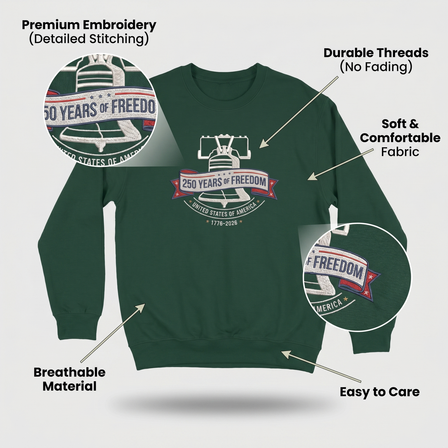 USA 1776-2026 Liberty Bell Patriotic Embroidered Sweatshirt 250th Anniversary Shirt