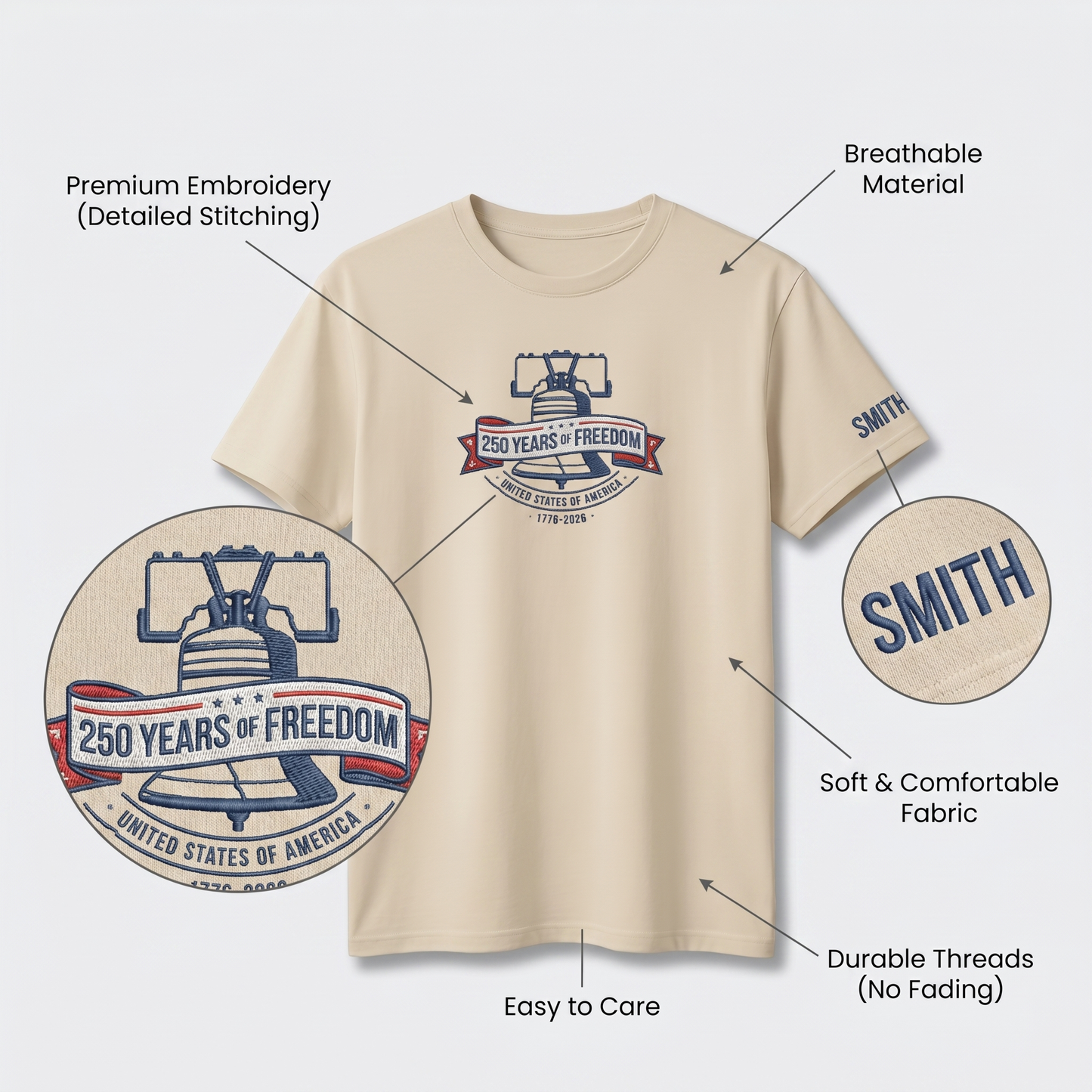 USA 1776-2026 Liberty Bell Patriotic Embroidered T-Shirt 250th Anniversary Shirt
