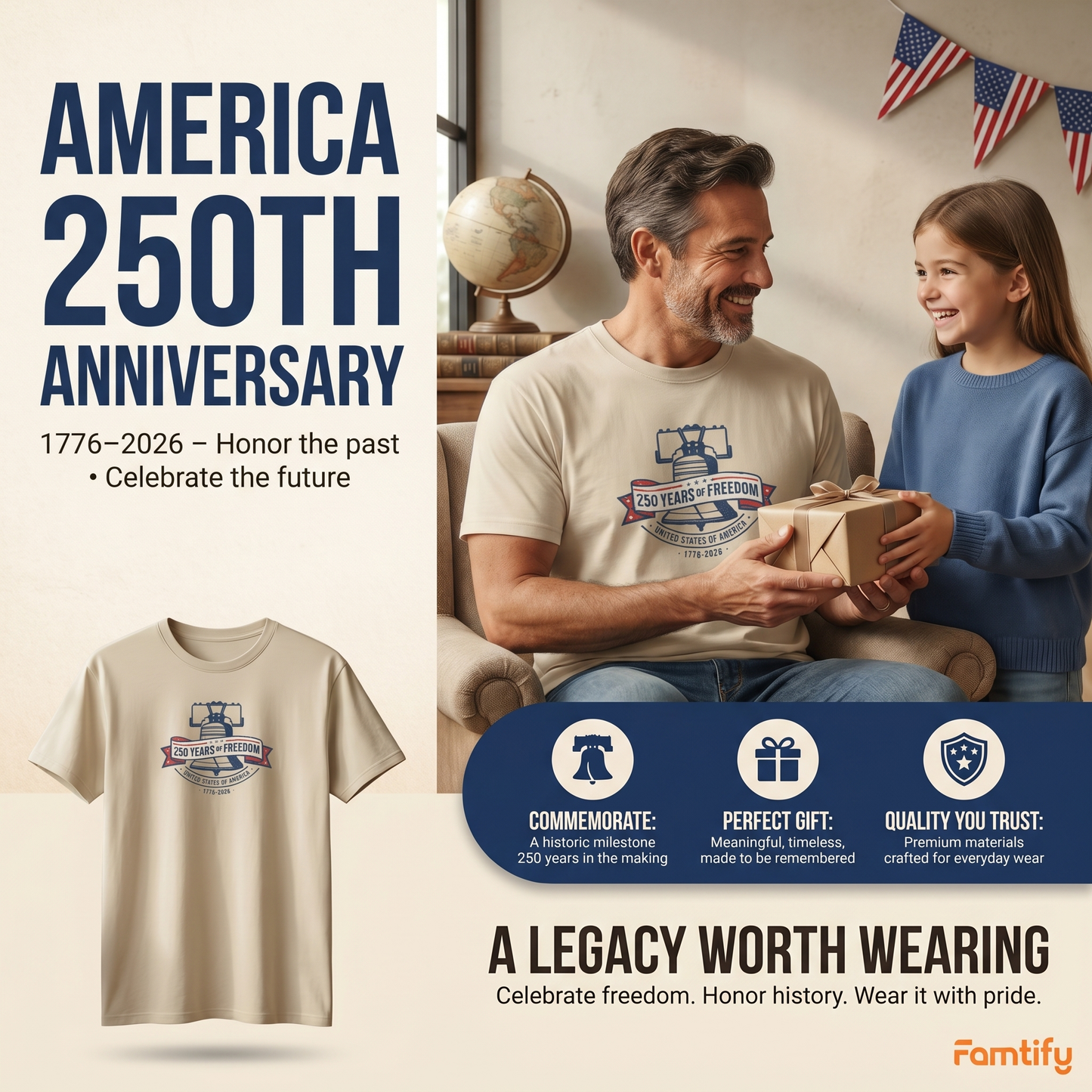 USA 1776-2026 Liberty Bell Patriotic Embroidered T-Shirt 250th Anniversary Shirt