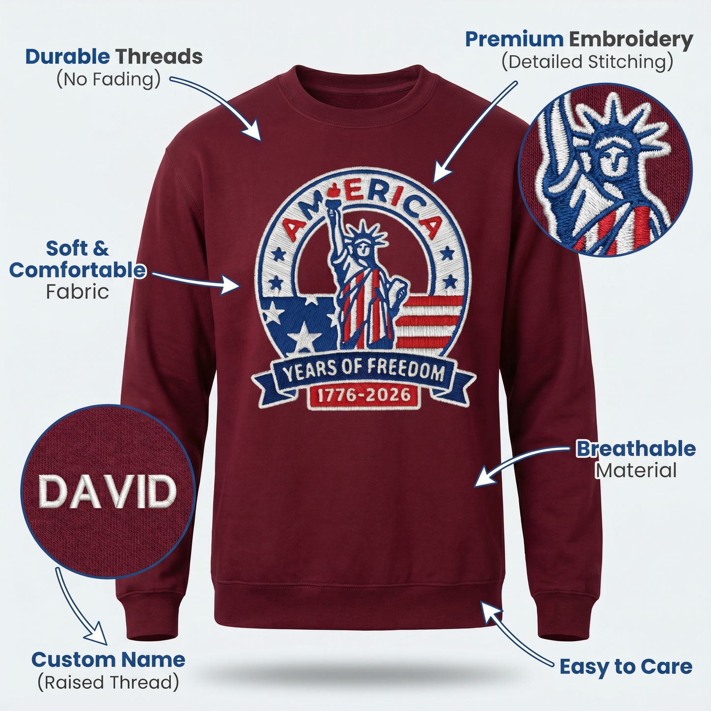 America 250 Years Embroidered Sweater - 1776 Independence Day Patriotic Gift