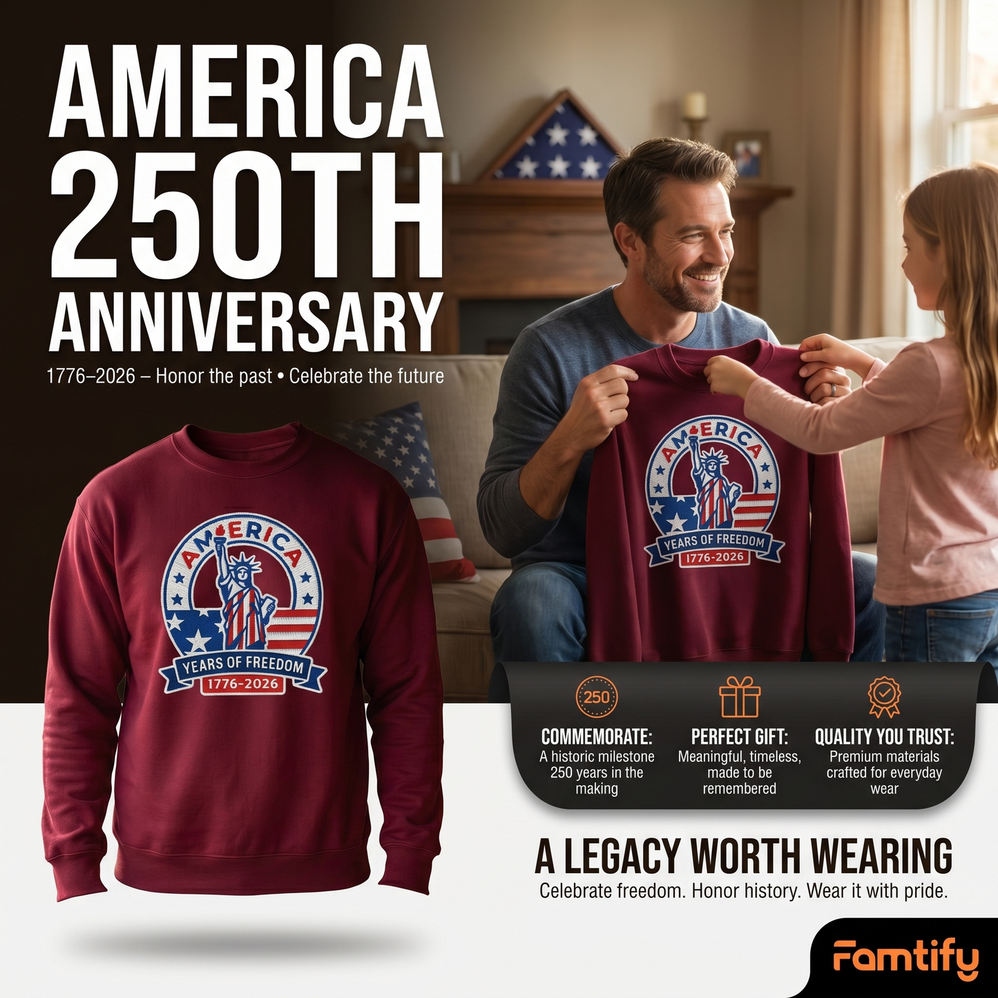 America 250 Years Embroidered Sweater - 1776 Independence Day Patriotic Gift