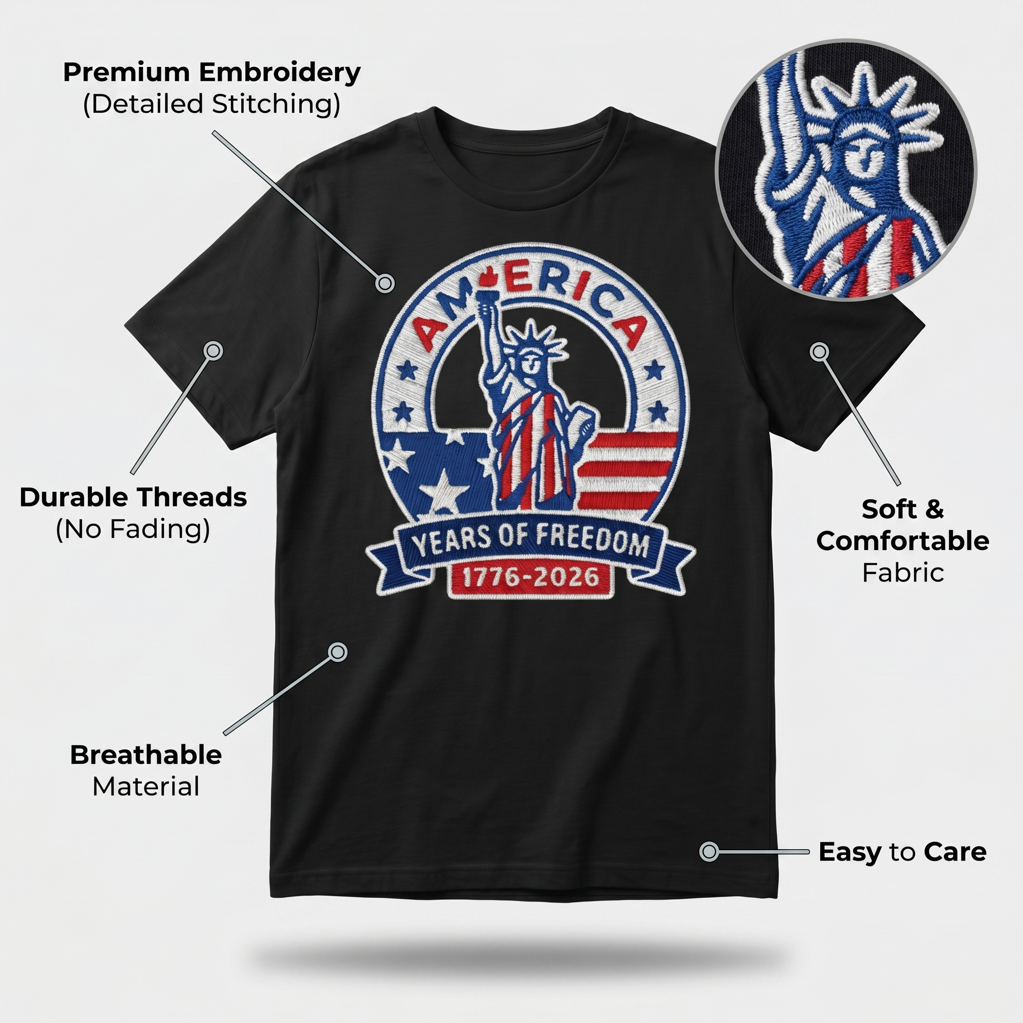 America 250th Anniversary Patriotic Embroidered T-Shirt - Independence Day Tee