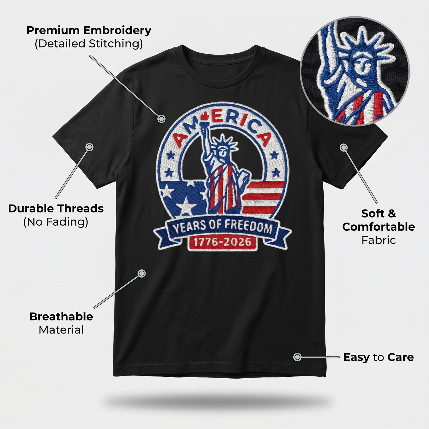 America 250th Anniversary Patriotic Embroidered T-Shirt - Independence Day Tee