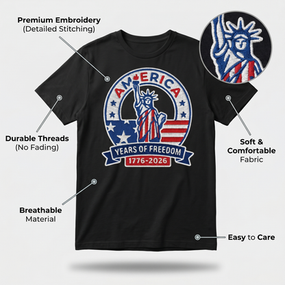 America 250th Anniversary Patriotic Embroidered T-Shirt - Independence Day Tee