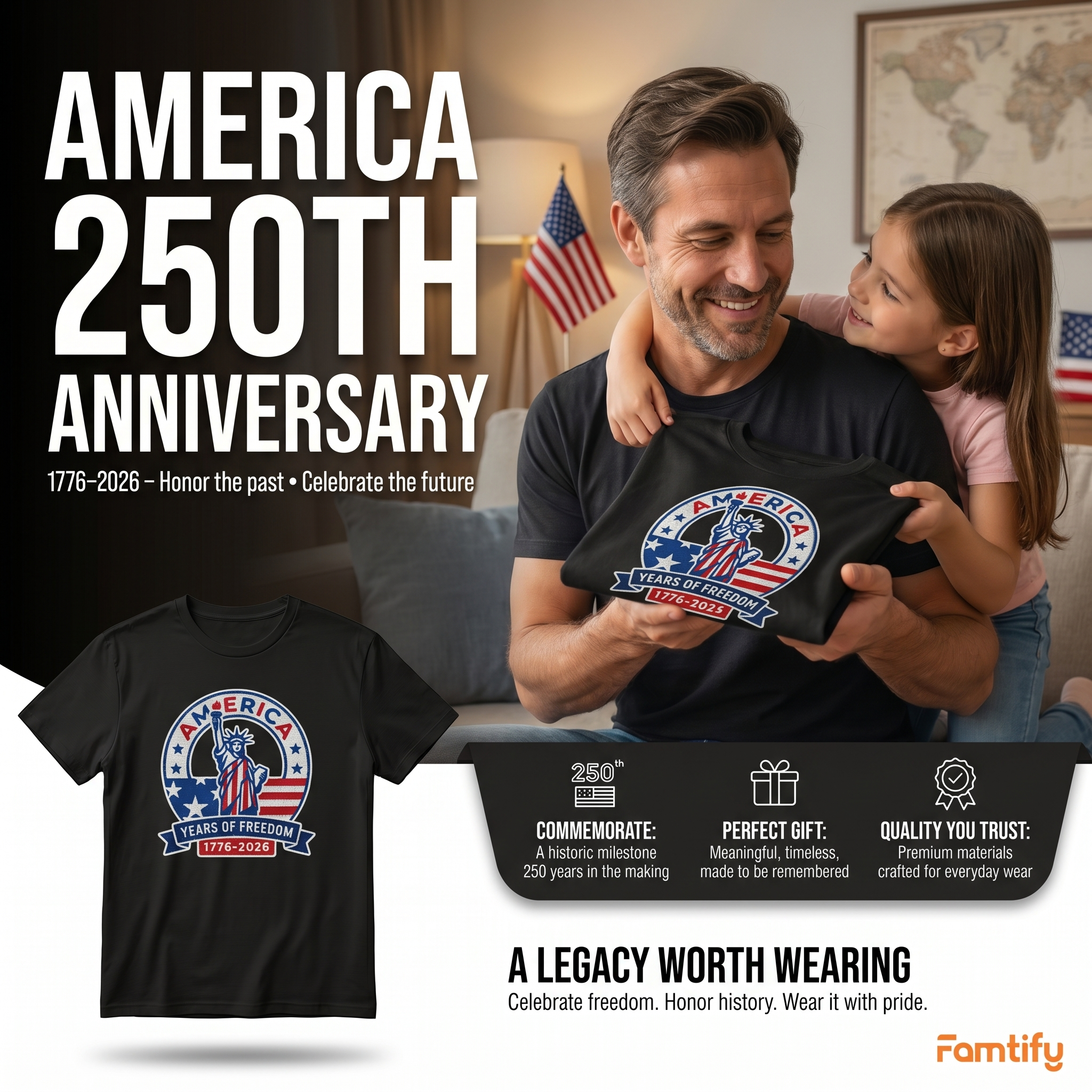America 250th Anniversary Patriotic Embroidered T-Shirt - Independence Day Tee