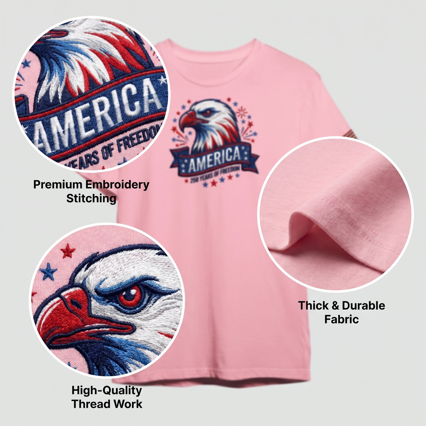 America 250 Years Strong Custom Embroidered T-Shirt - Meaningful Patriotic Gift
