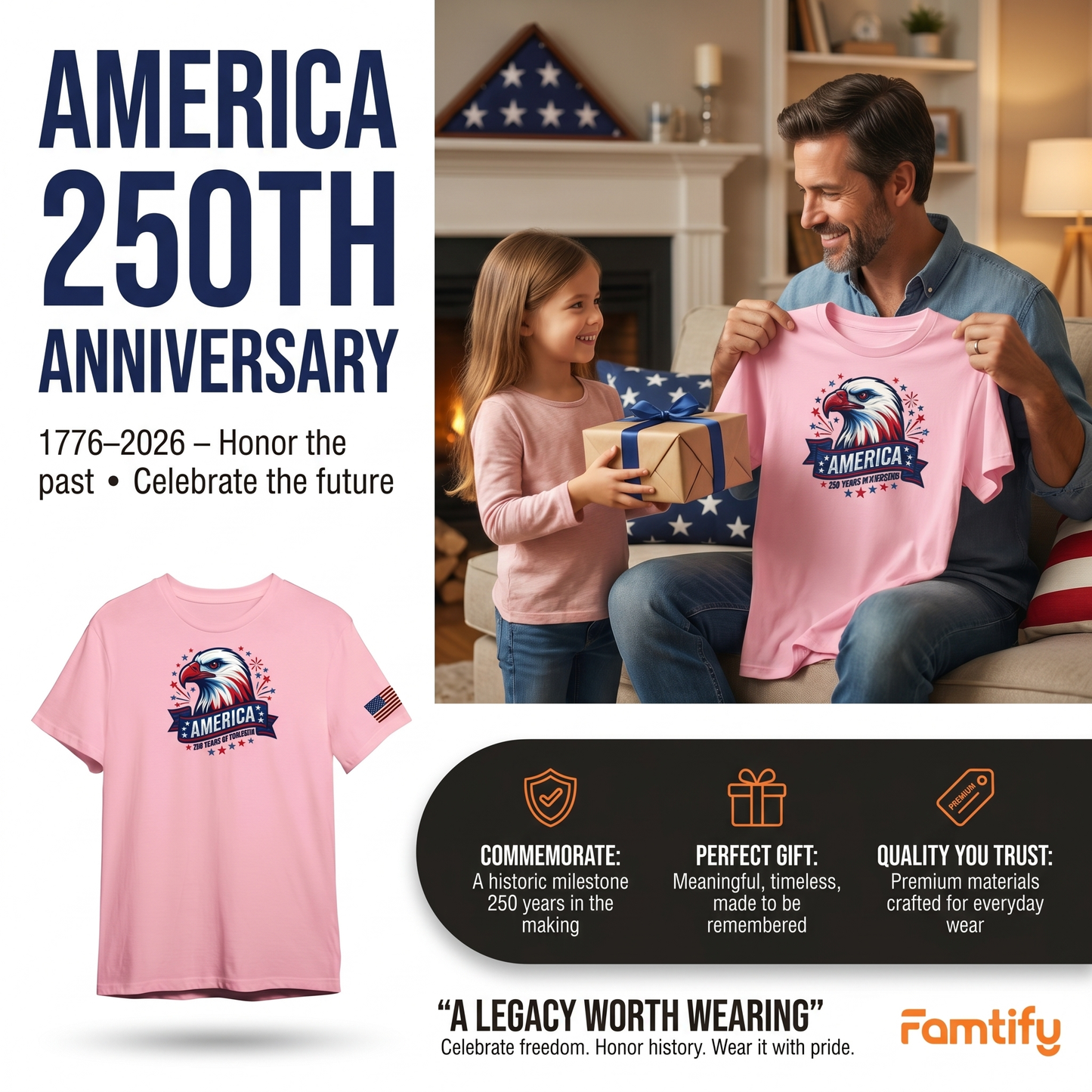 America 250 Years Strong Custom Embroidered T-Shirt - Meaningful Patriotic Gift
