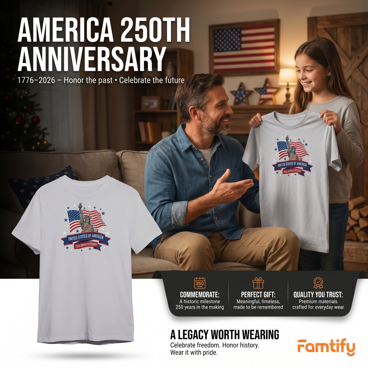 USA 250 Years 1776-2026 Personalized Embroidered Patriotic T-Shirt