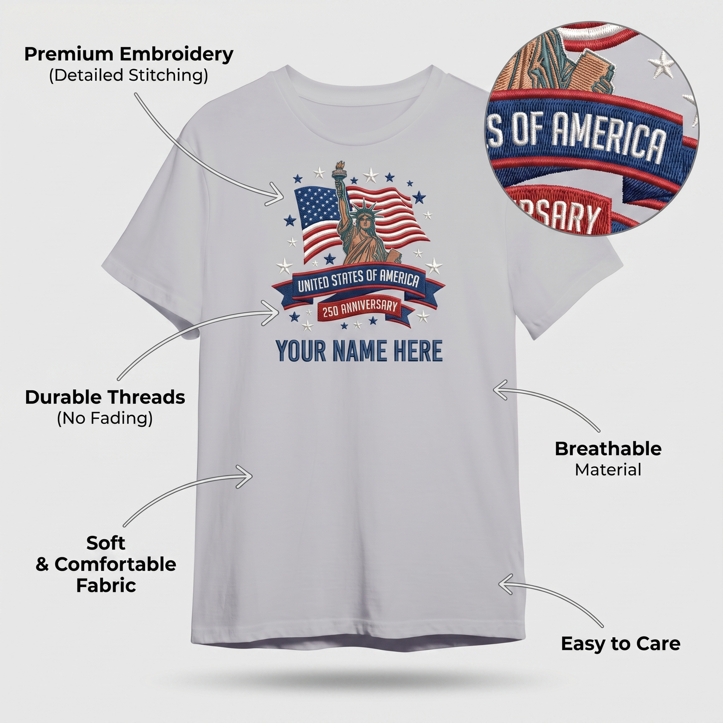 USA 250 Years 1776-2026 Personalized Embroidered Patriotic T-Shirt