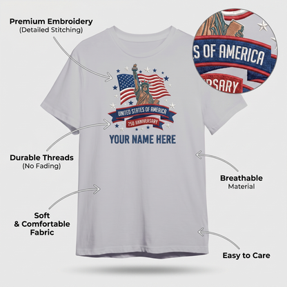USA 250 Years 1776-2026 Personalized Embroidered Patriotic T-Shirt