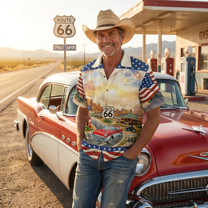 Celebrate 100 Years of Road Route 66 and America 250th Anniversary Custom Car Photo Hawaiian Shirt