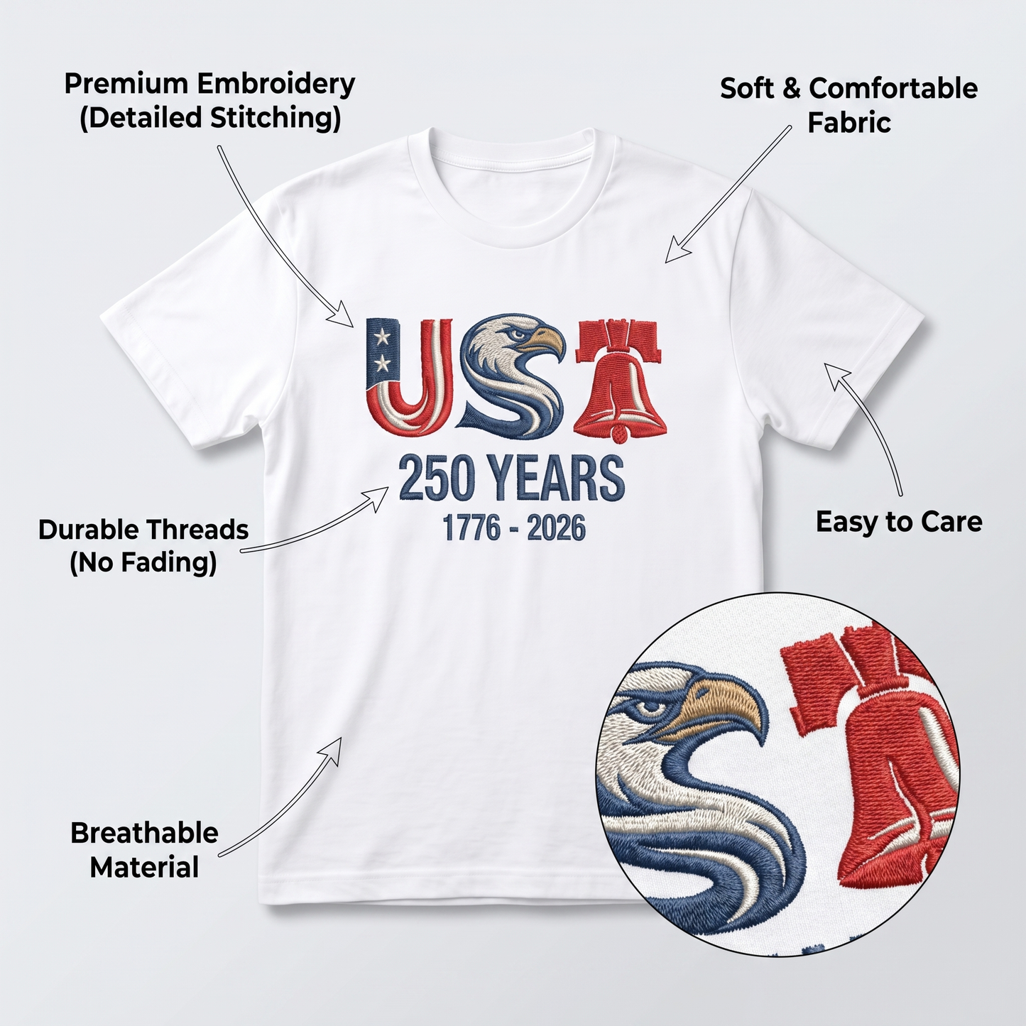America 250th Anniversary Embroidered T-Shirt – Liberty Eagle Patriotic Shirt