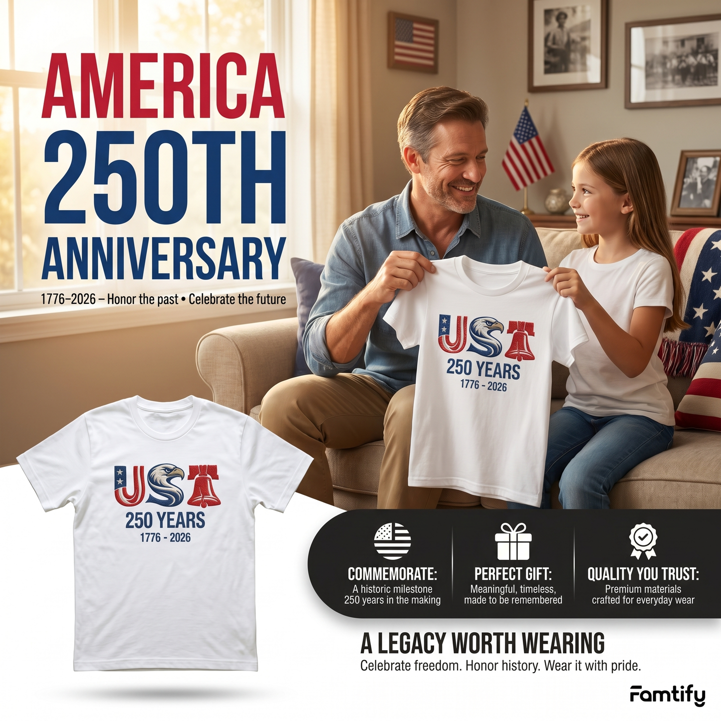 America 250th Anniversary Embroidered T-Shirt – Liberty Eagle Patriotic Shirt