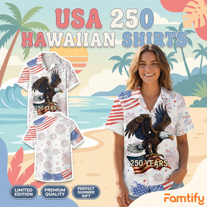 Personalized USA 250 Years Hawaiian Shirt – Patriotic Bald Eagle Fireworks Independence Shirt