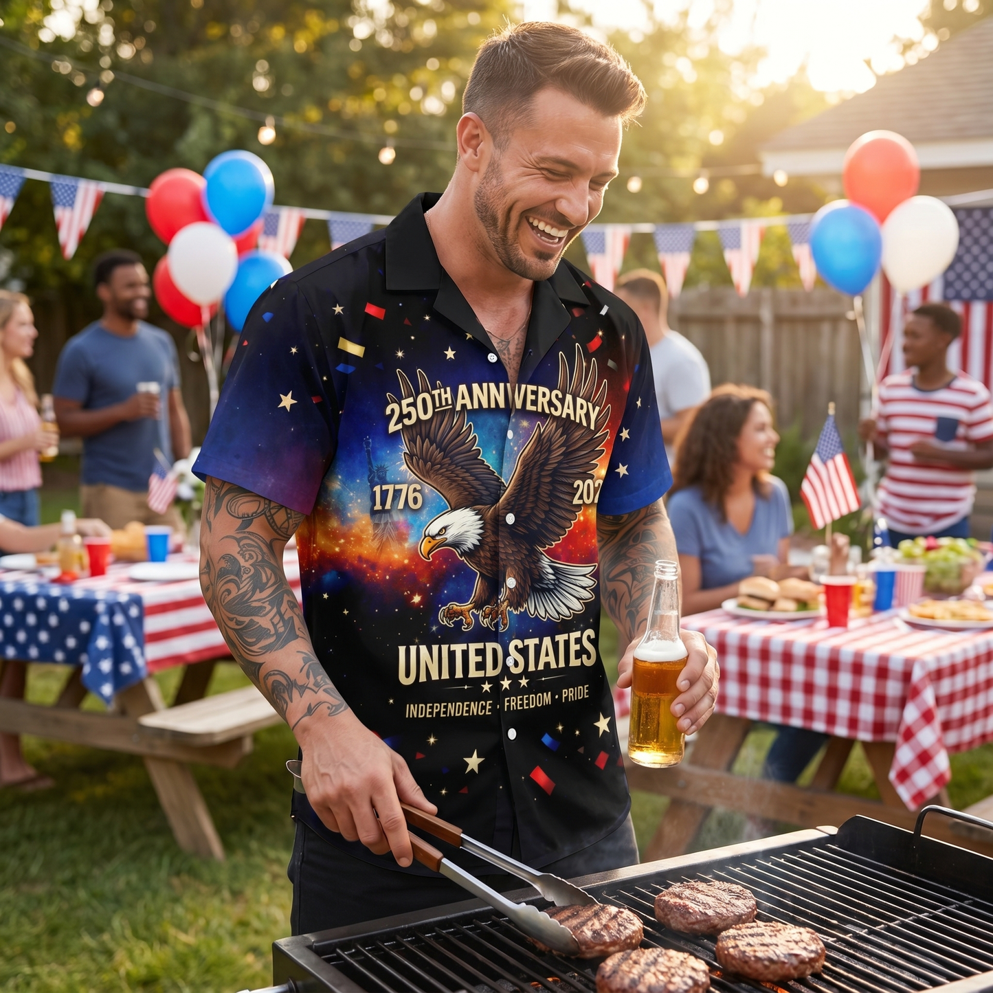 Personalized USA 250th Anniversary Hawaiian Shirt – 250 Years of Freedom Eagle Custom Name Shirt