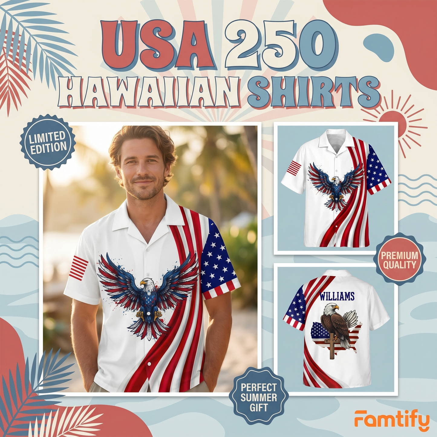 Personalized Patriotic Eagle Hawaiian Shirt – God Bless America 250th Anniversary 1776–2026 Custom Name Shirt