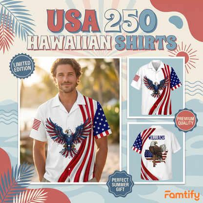 Personalized Patriotic Eagle Hawaiian Shirt – God Bless America 250th Anniversary 1776–2026 Custom Name Shirt