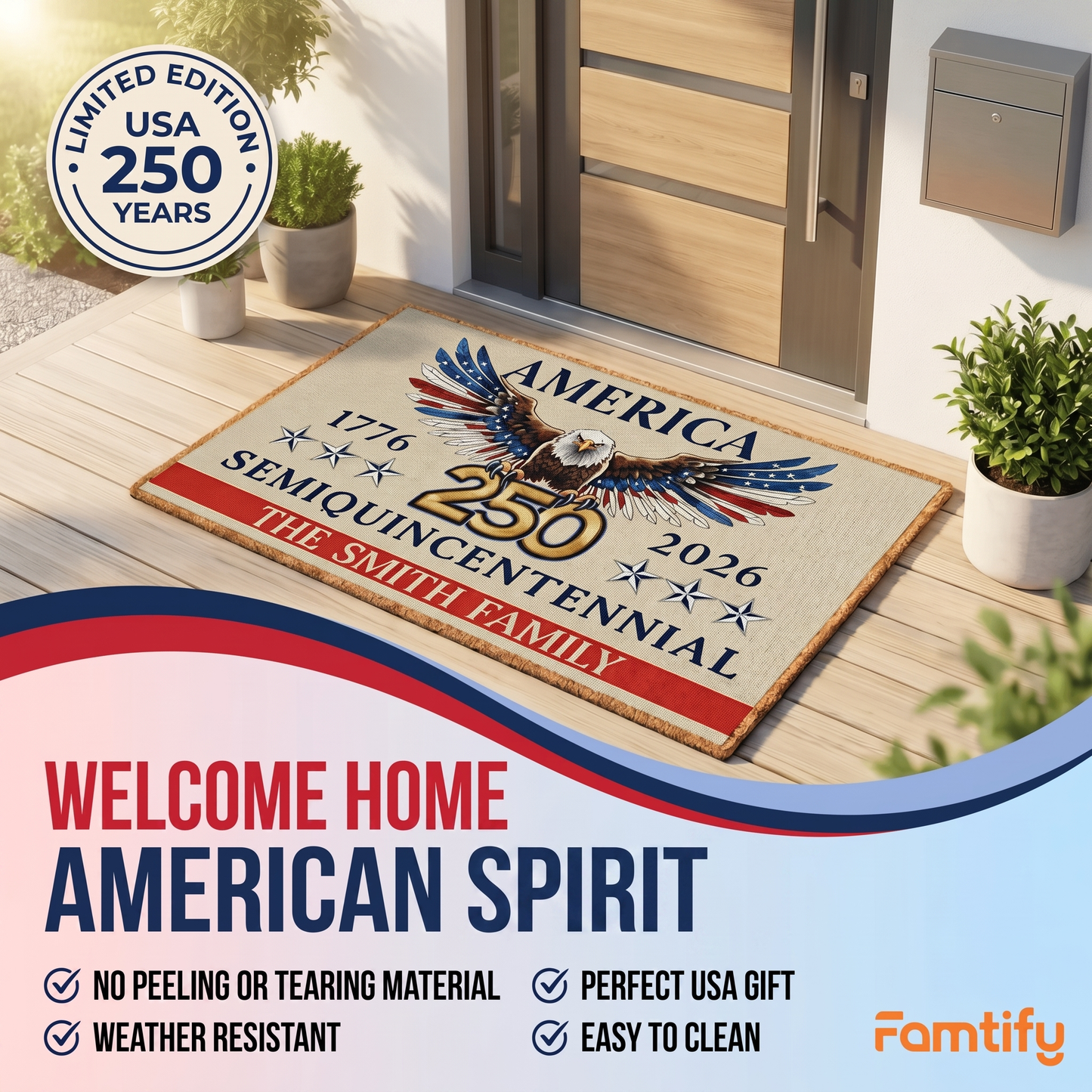 USA 250 Years of Freedom Doormat - Semiquincentennial Patriotic Welcome Mat