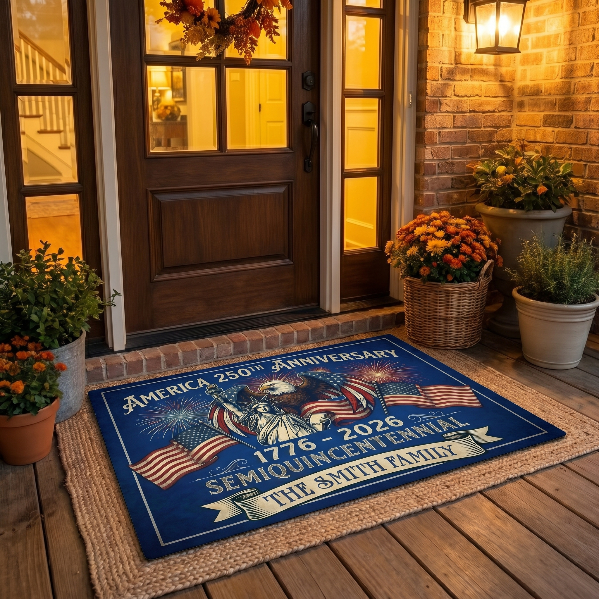 250th Anniversary America Doormat - Personalized Family Name Welcome Rug