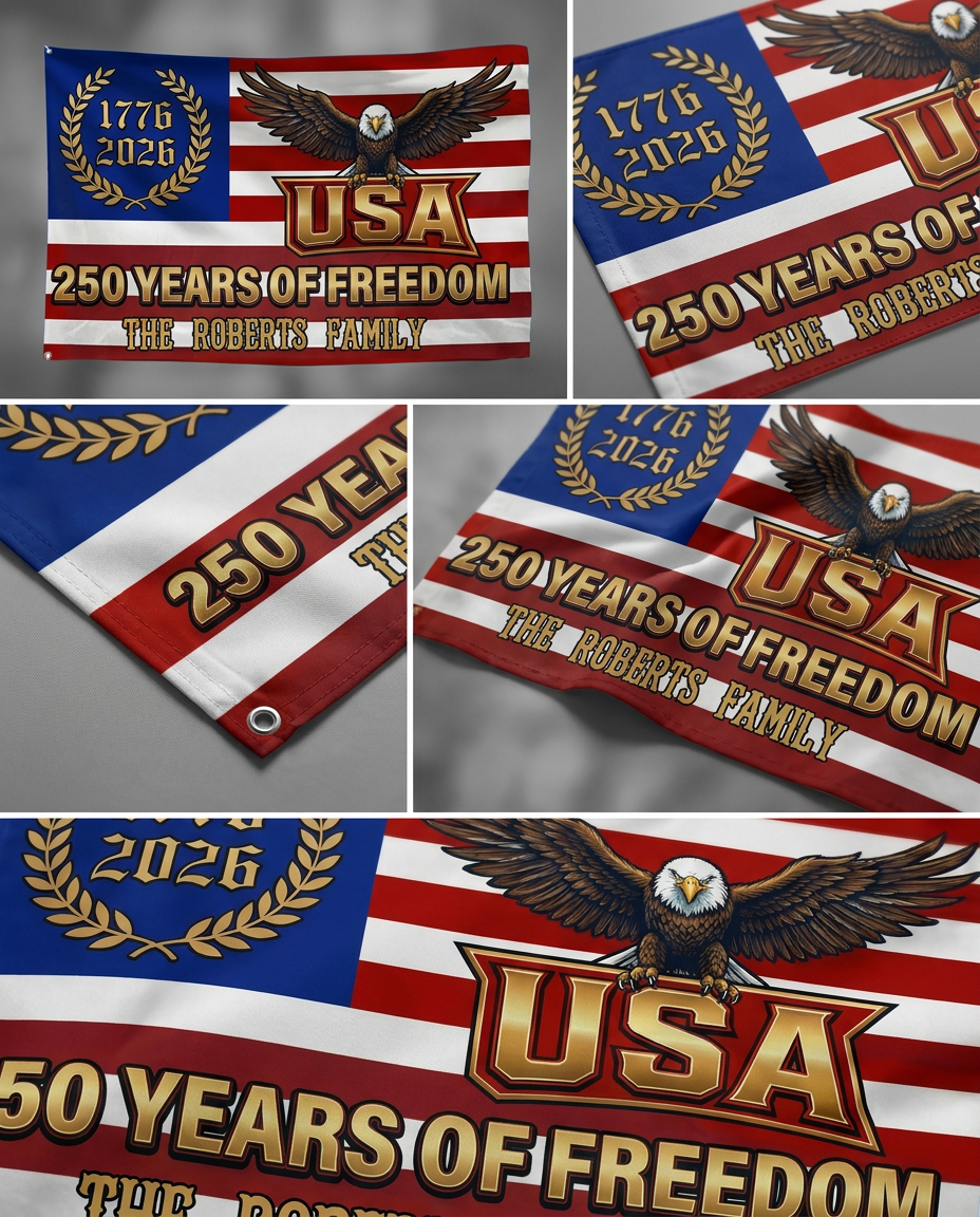 Custom Family Name 250 Years Of Freedom Eagle Patriotic 1776–2026 Banner House Flag