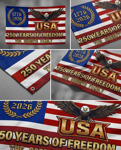 Custom Family Name 250 Years Of Freedom Eagle Patriotic 1776–2026 Banner House Flag
