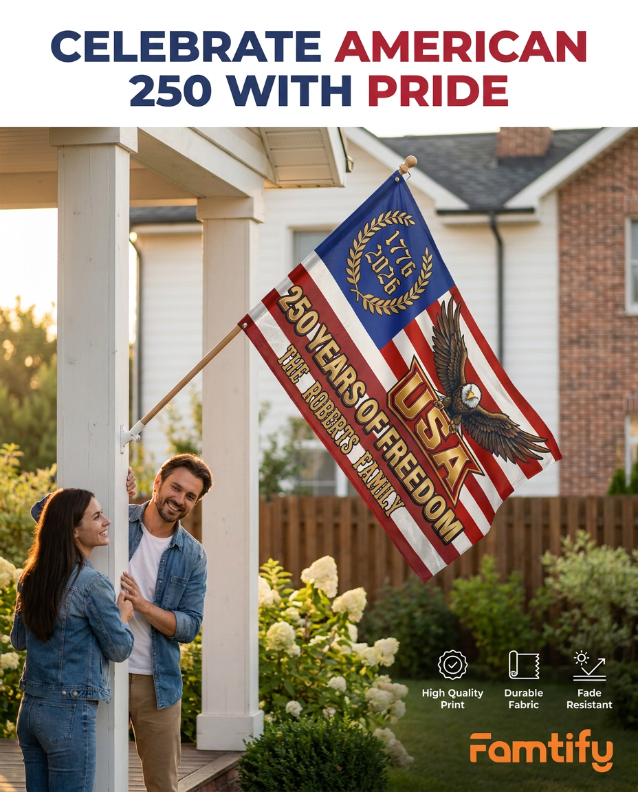 Custom Family Name 250 Years Of Freedom Eagle Patriotic 1776–2026 Banner House Flag