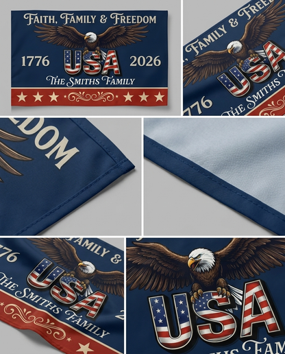 Custom Family Name Faith, Family & Freedom America 250 Years Patriotic Banner House Flag