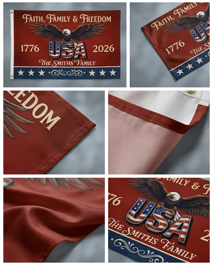 Custom Family Name Faith, Family & Freedom America 250 Years Patriotic Banner House Flag