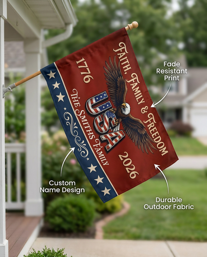 Custom Family Name Faith, Family & Freedom America 250 Years Patriotic Banner House Flag
