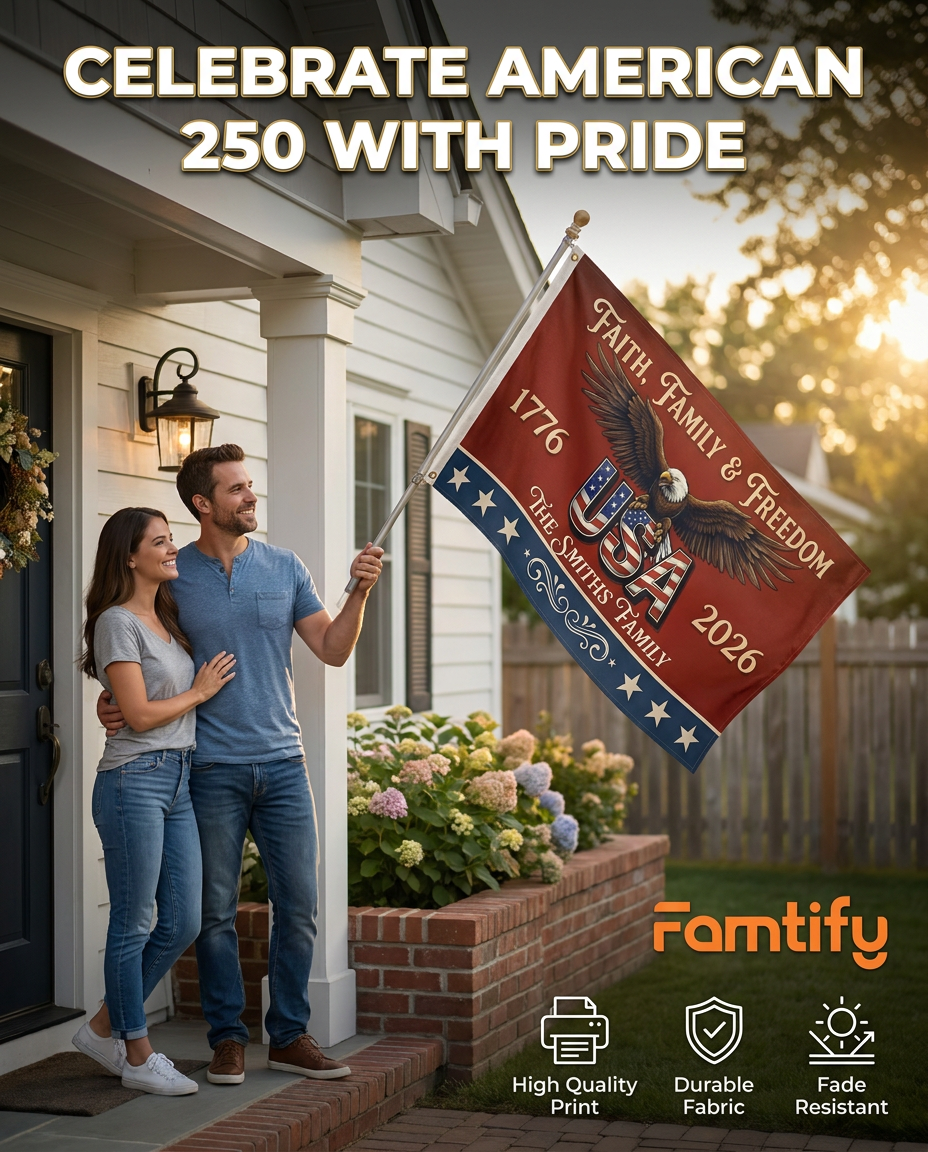 Custom Family Name Faith, Family & Freedom America 250 Years Patriotic Banner House Flag