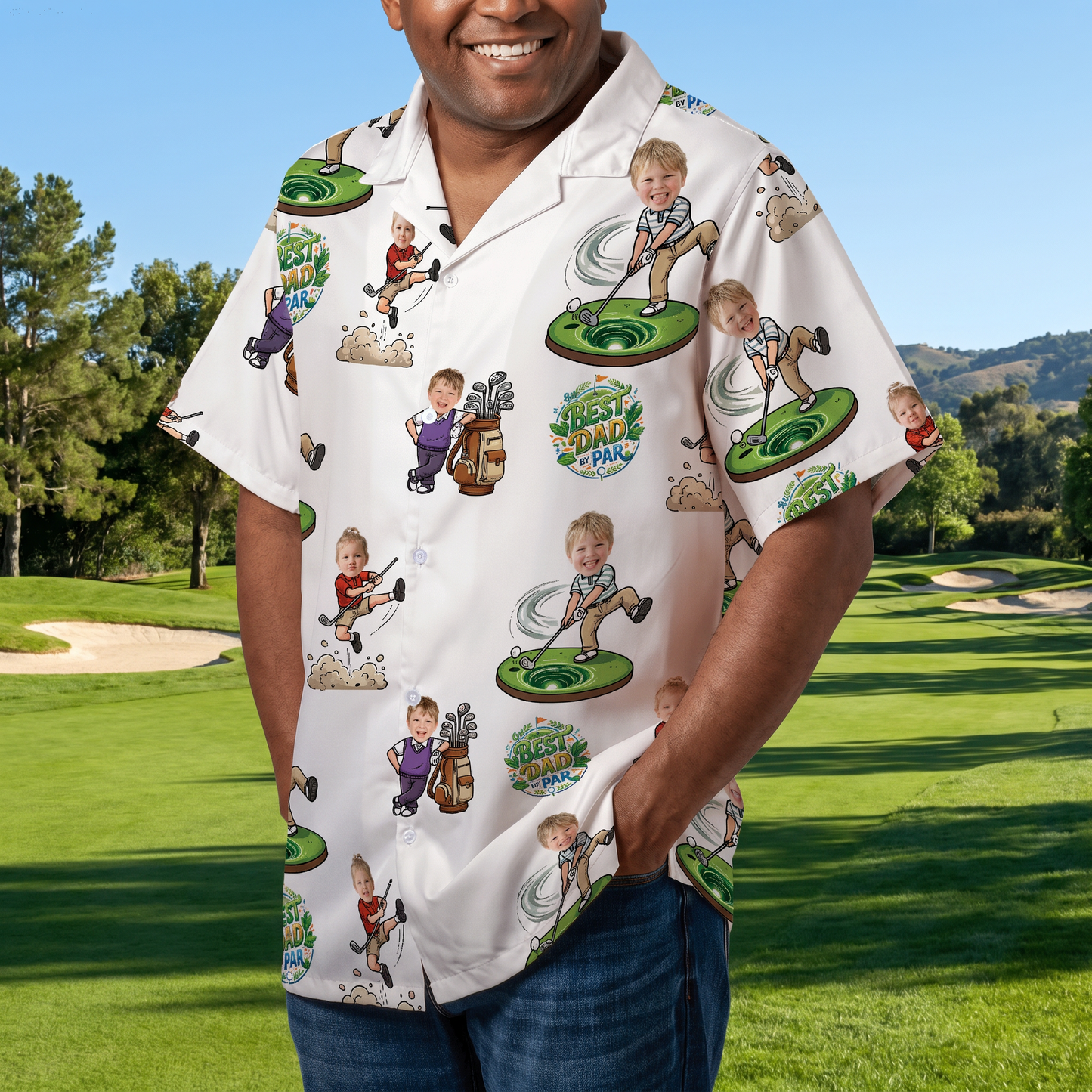 Custom Golf Hawaiian Shirt With Kids Face – Funny Father’s Day Golf Gift for Dad, Personalized Aloha Shirt