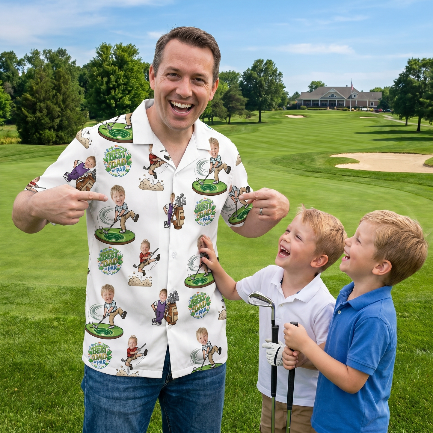 Custom Golf Hawaiian Shirt With Kids Face – Funny Father’s Day Golf Gift for Dad, Personalized Aloha Shirt