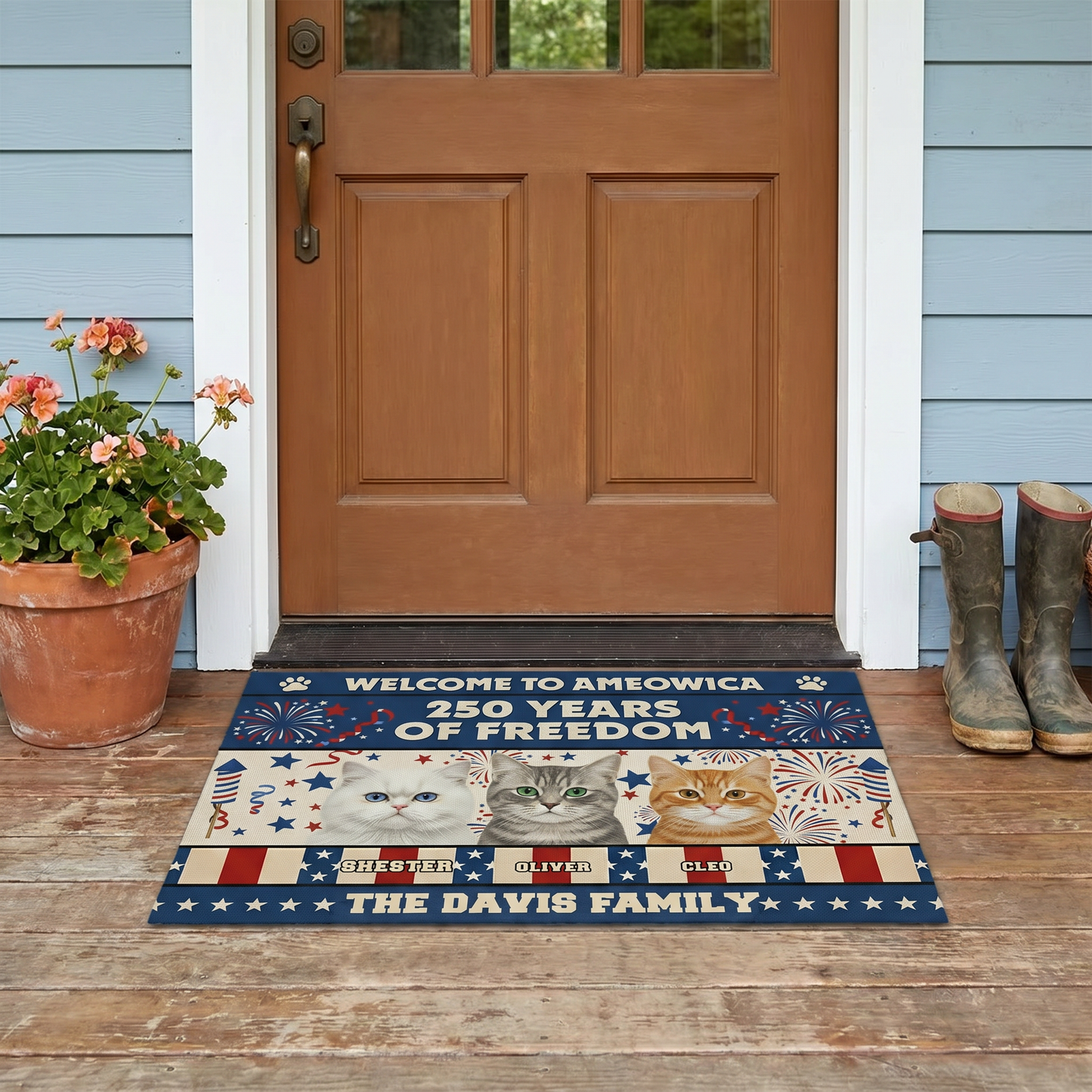 Custom Cat Photo Doormat Welcome to Ameowica 1776-2026 Patriotic Mat