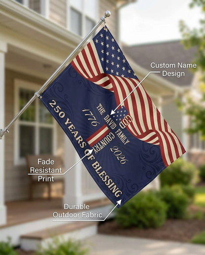Custom Family Name Patriotic American, 250 Years of Blessing God House Flag Navy
