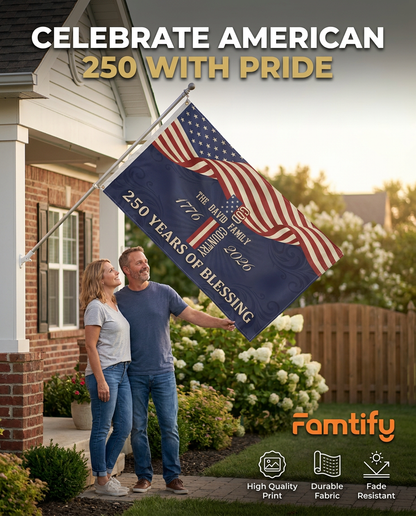 Custom Family Name Patriotic American, 250 Years of Blessing God House Flag Navy